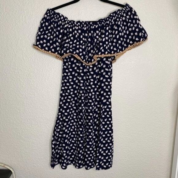 THML Navy Blue Feather Print Off the Shoulder Dress Small - Picture 8 of 9